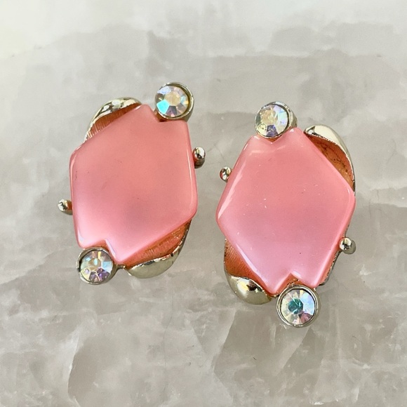 Vintage Pink Lucite Thermoset Clip Earrings Choker Necklace Set Mid Century - Picture 4 of 8